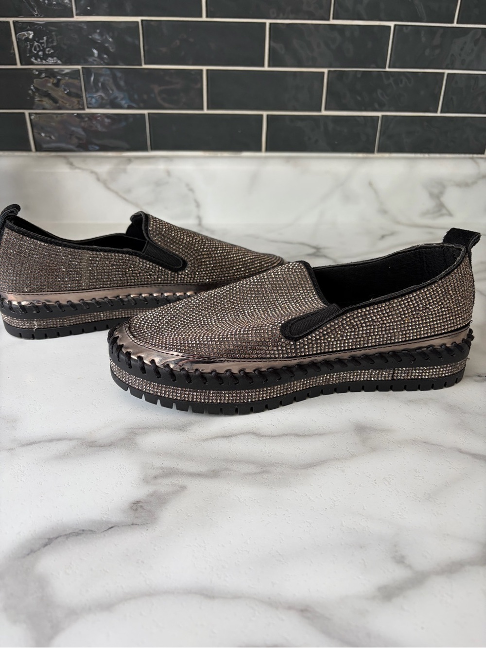 Embellished Metallic Slip-On Platform Loafers - Bronze